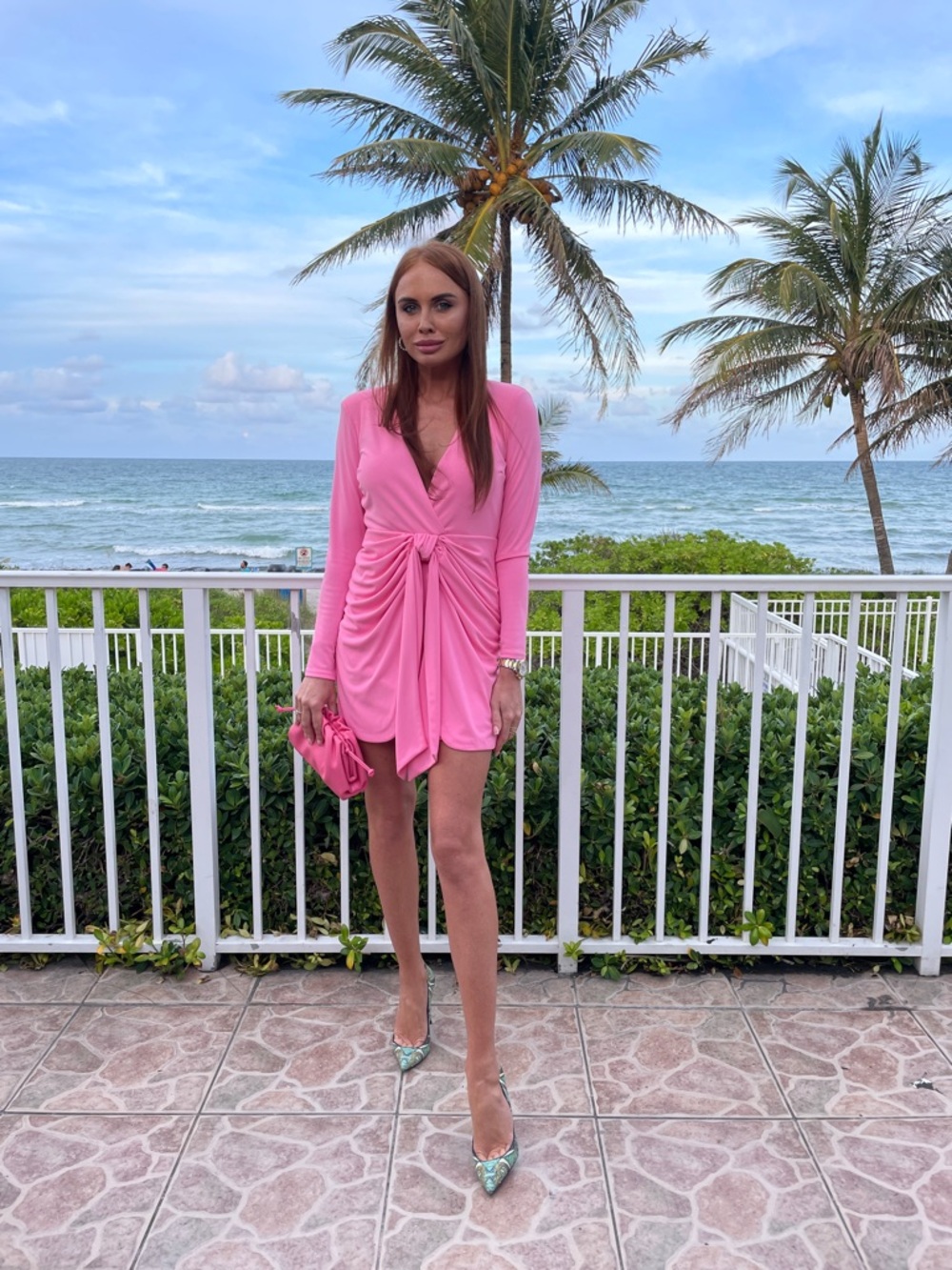 Zara Pink Long-Sleeve Knot-Front V-Neck Dress